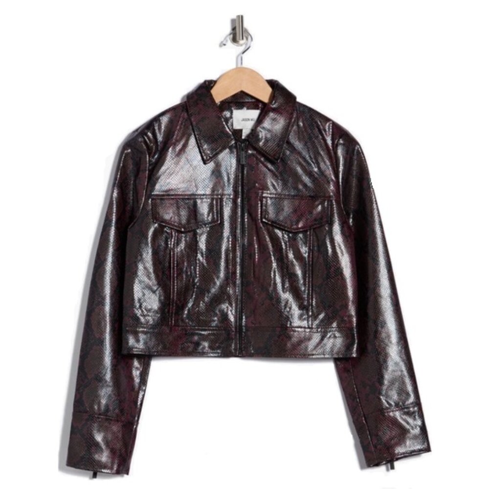 Faux Leather Moto Jacket Black Python Print Zip-U… - image 1